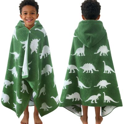 VOOVA & MOVAS Kids Hooded Bath Towels (3-10Years,30"x54"),100% Cotton Thick Absorbent Soft Towel Wrap for Toddler Boys,Perfect for Bathroom | Pool | Beach | Swimming, Jacquard Green Dinosaur