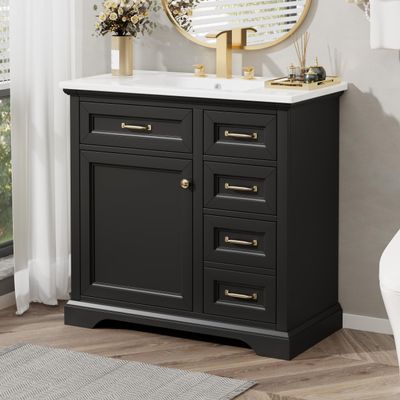 36" Bathroom Vanity with Ceramic Sink Top Set, Multi-Functional Storage Cabinet with Rack Organizer and Tip-Out Drawers, Soft-Closing Door, Solid Wood Frame, Black