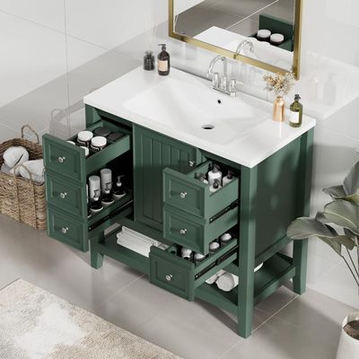 Merax 36" Bathroom Vanity with Ceramic Sink Top Set, Multi-Functional Storage Cabinet with Adjustable Shelf and Open Space, Soft-Closing Door, Solid Wood Frame, Green