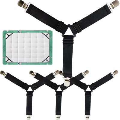 Qgond 4PCS Bed Sheet Holder Straps Triangle Adjustable Elastic Fasteners with Metal Clips, Heavy Duty Sheet Suspenders for Fitted & Flat Sheets, Mattress Covers, Sofa Cushions