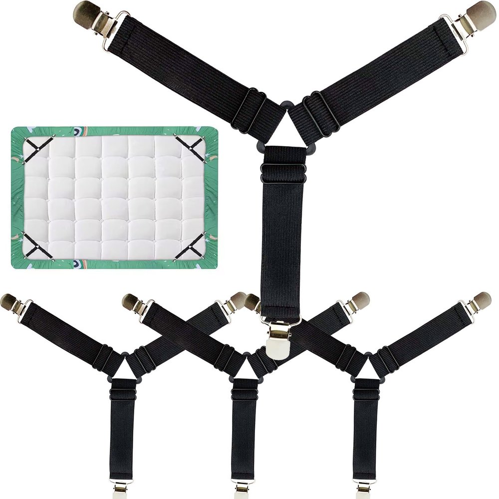 Qgond 4PCS Bed Sheet Holder Straps Triangle Adjustable Elastic Fasteners with Metal Clips, Heavy Duty Sheet Suspenders for Fitted & Flat Sheets, Mattress Covers, Sofa Cushions
