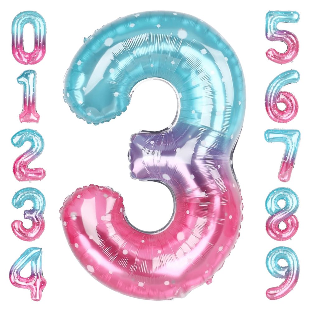 40 Inch Pink Blue Number 3 Balloon, Large Gradient Pink Blue Mylar Foil Number Balloons 0-9, Pastel Starry 3 Helium Balloons for Girls, Baby Shower Photo Shoot, Party Anniversary Supplies Decorations