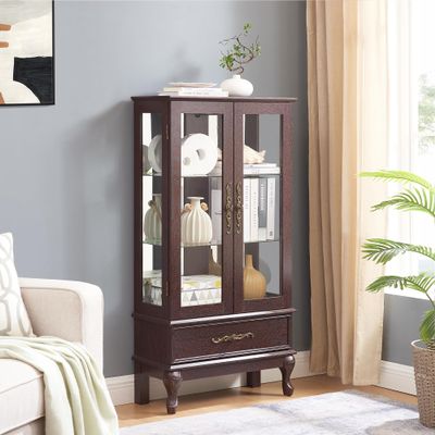 TRJQBCC 51" H Lighted Curio Display Cabinet with 2 Doors & 1 Drawer, Wooden Glass Curio Showcase w/Adjustable Shelves & Mirrored Back Panel, Storage Cabinet Display Case for Living Room(Dark Cherry)