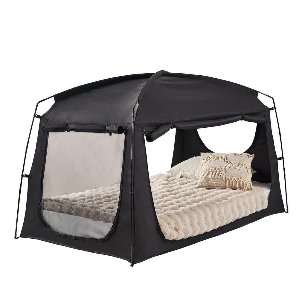 Indoor Sleep Twin Size Bed Tent for Adults Kids, Blackout 90% Privacy Canopy Tents with Breathable 100% Mesh Windows, Light Blocking 3 Door Bed Canopy Tent, Black