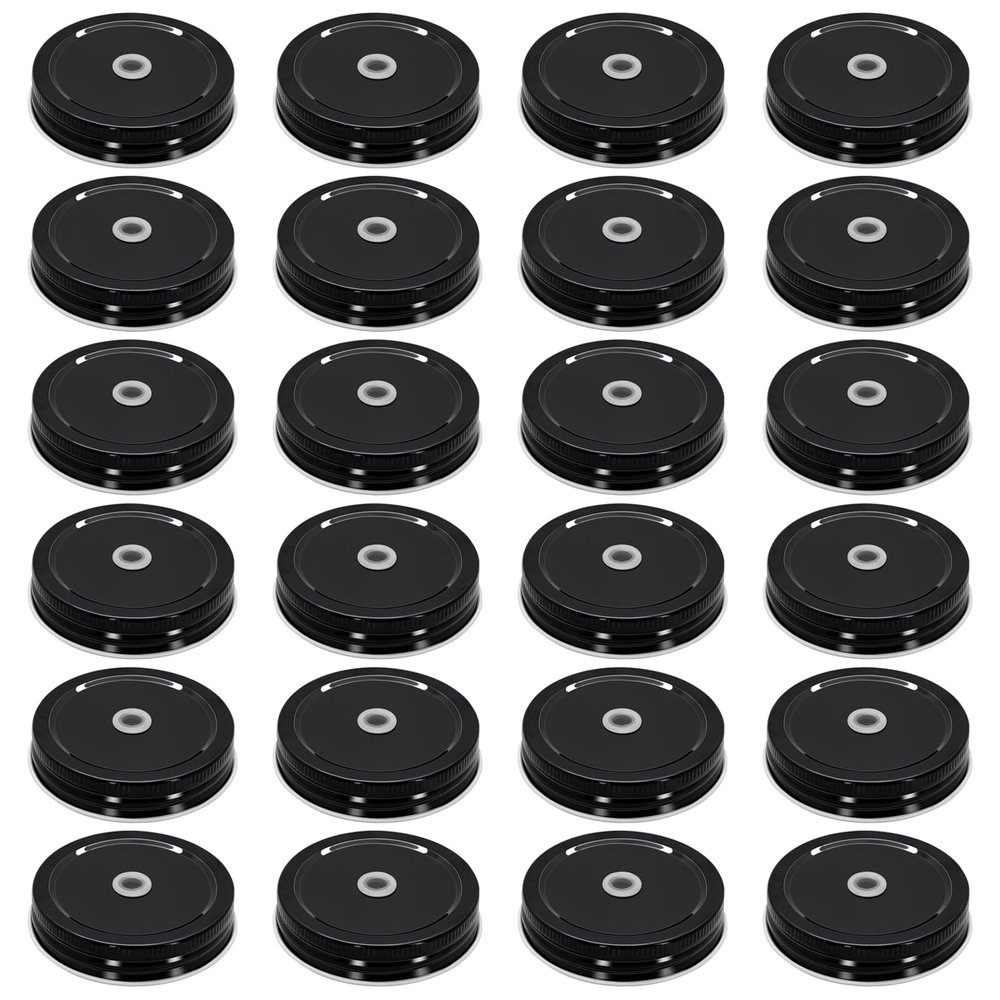 24 Pcs Black Regular Mouth Mason Jar Straw Lids 2.7 Inch Metal Stainless Steel Mason Jar Drinking Lids with Straw Hole Leak Proof Dishwasher Safe (24)