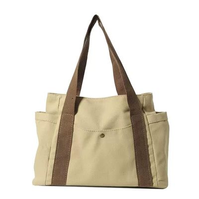 Baseic Womens Canvas Tote Bag Large Cotton Shoulder Handbag with Multiple Pockets, Reusable Casual Shopping Bag for Daily Use (Khaki)