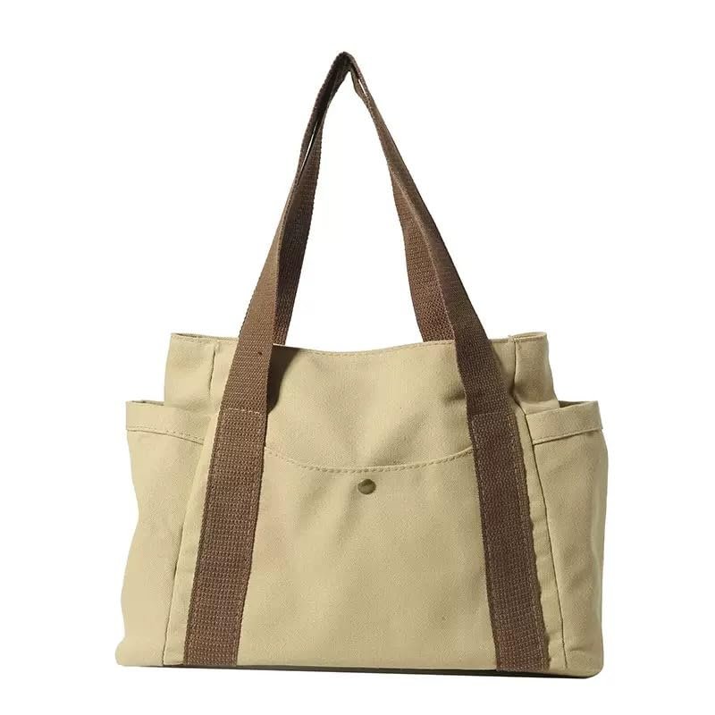 Baseic Womens Canvas Tote Bag Large Cotton Shoulder Handbag with Multiple Pockets, Reusable Casual Shopping Bag for Daily Use (Khaki)