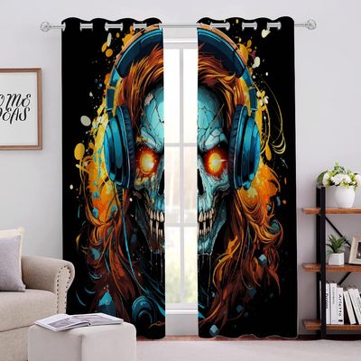 Skull Wearing Headphones Darkening Printed Drapes 2 Panels 84"L x 42"W Colorful Skull Image Pattern Blackout Curtains Grommet Thermal Insulated Window Curtain for Bedroom Living Room Windows