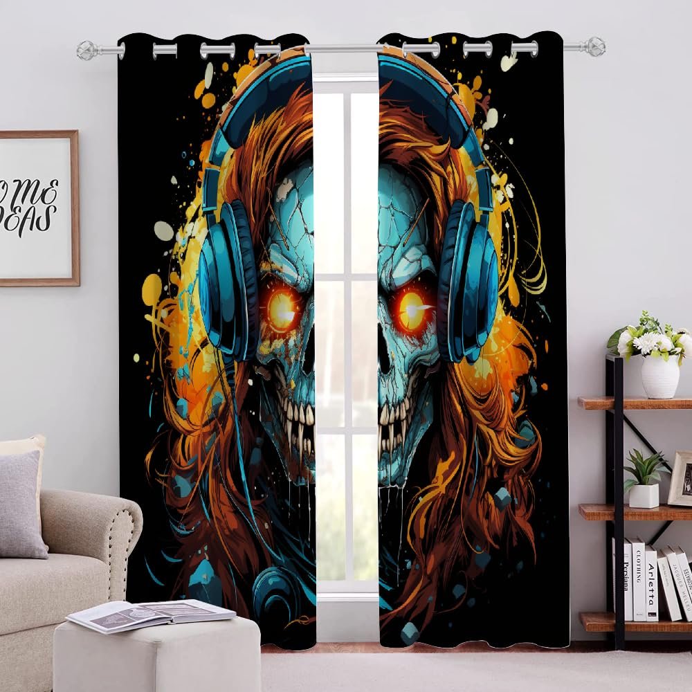 Skull Wearing Headphones Darkening Printed Drapes 2 Panels 84"L x 42"W Colorful Skull Image Pattern Blackout Curtains Grommet Thermal Insulated Window Curtain for Bedroom Living Room Windows