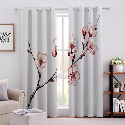 RAQOWIG Pink Flower Plant Blackout Curtains 39" L x 27" W 2 Panels Set Cherry Blossom Branch Buds 3D Darkening Printed Curtain for Nursery Bedroom Living Room Grommet Thermal Insulated Drapes