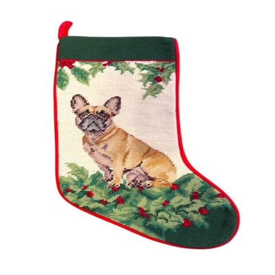 A Pets World Needlepoint Christmas Stocking, Tan French Bulldog Design