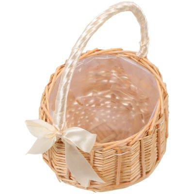 PRETYZOOM Handwoven Rattan Flower Basket Bow Handles Rustic Storage Basket Natural Wicker Flower Holder for Weddings Easter and Home Decor