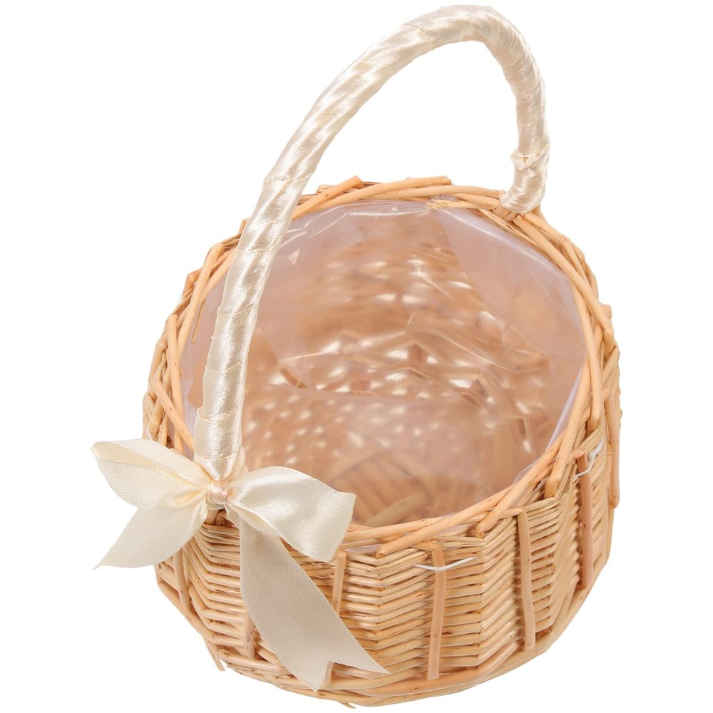 PRETYZOOM Handwoven Rattan Flower Basket Bow Handles Rustic Storage Basket Natural Wicker Flower Holder for Weddings Easter and Home Decor