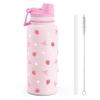 SANDJEST Strawberry Stainless Steel Water Bottle with Strap 32oz, Insulated Bottles with Straw and Spout Lid for Gym Sports Travel Outdoor, Gifts for Women Girls Birthday Christmas view 1