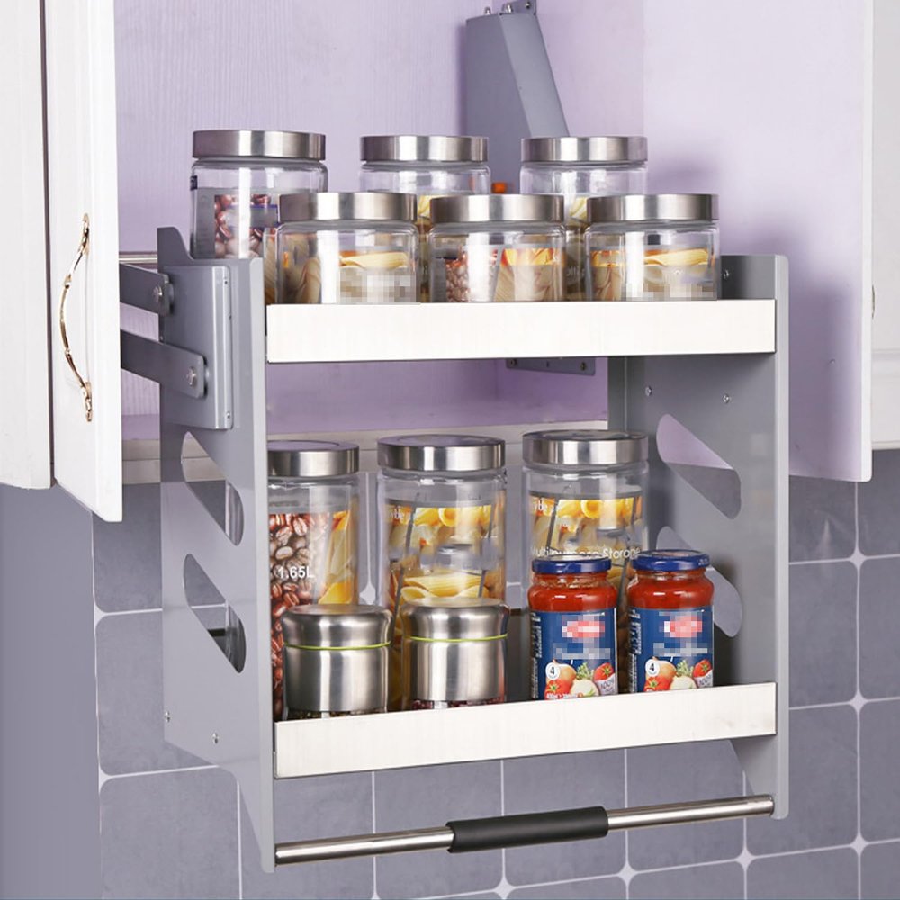 2 Tier Pull Down Kitchen Shelf, Home Wall Cabinet Storage Lifting Basket, 30KG Load Bearing, Lifting Design, Multiple Storage, Suitable for Kitchen,Bedroom, Home Storage, 36*30*52cm14*11.8*20.5in
