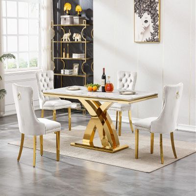 68.11" White&Gold Marble Dining Table with 4 Beige Velvet Dining Chairs, Luxury Faux Marble Dining Table Set for 4, Dining Room Table and Chairs Set, Modern 5 Piece Dining Set for Kitchen Dining