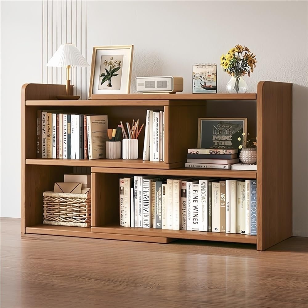 3/4-Tier Wooden Horizontal Bookshelf, Open Shelf Low Bookcase, Floor Standing Expandable Wide Bookcase, Freestanding Foldable Bookshelf for Home, Office, Small Spaces, Corners(Brown,27.6''x6.7''x23.6'