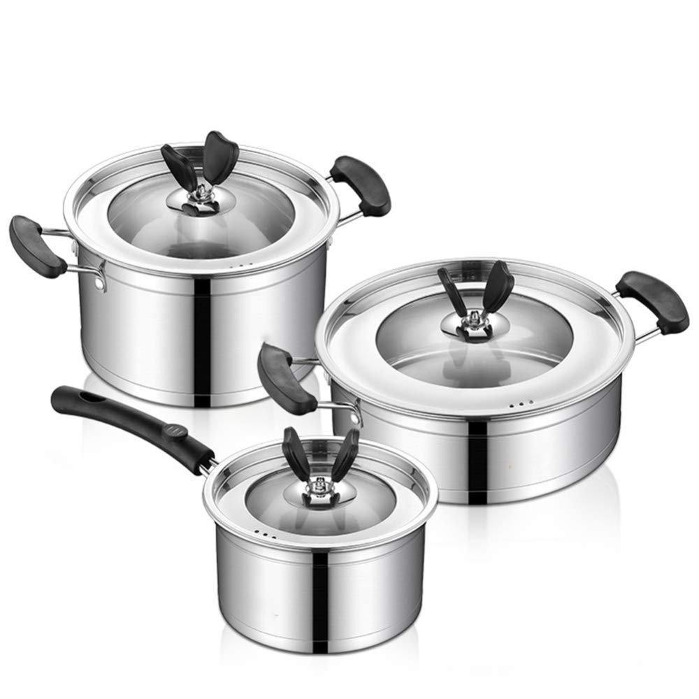 3-Piece Pot Set Stainless Steel Soup Pot Wok hot Milk Pot with Non-scalding Handle Non-Stick Pot with Tempered Glass lid Induction Suitable for a Variety of Gas