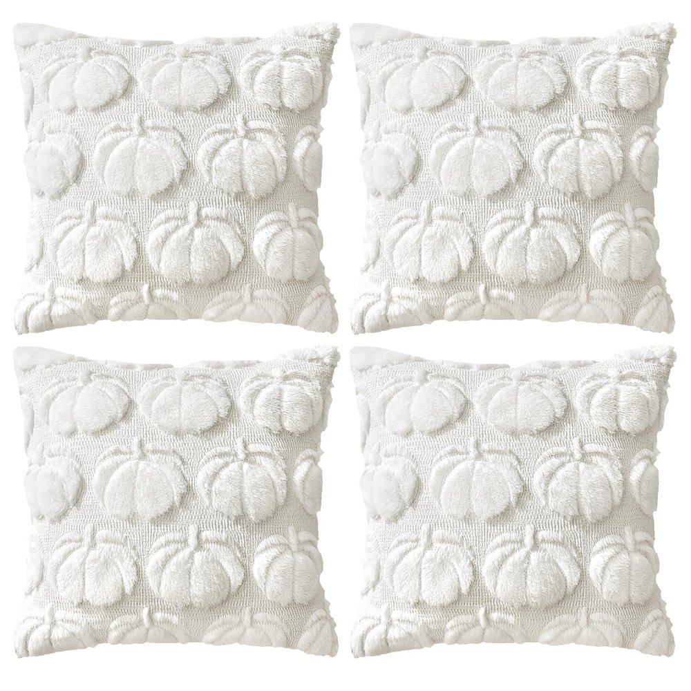 4 Pcs Fall Throw Pillow Covers 18x18, Autumn Decorations Soft Faux Fur Pillow Covers, Fluffy Plush Accent Pillow Cases for Harvest Thanksgiving Cushion Covers Sofa Home Decor(Pumpkin White)