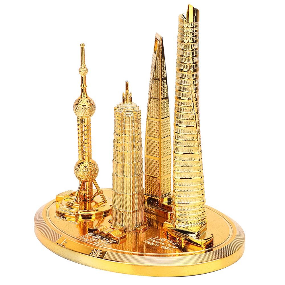 HERCHR Architecture Model,Tower Statue Shanghai Building Collection Building Architecture Oriental Pearl Tower Global Financial Center Souvenir Home Decor (Golden - Small)