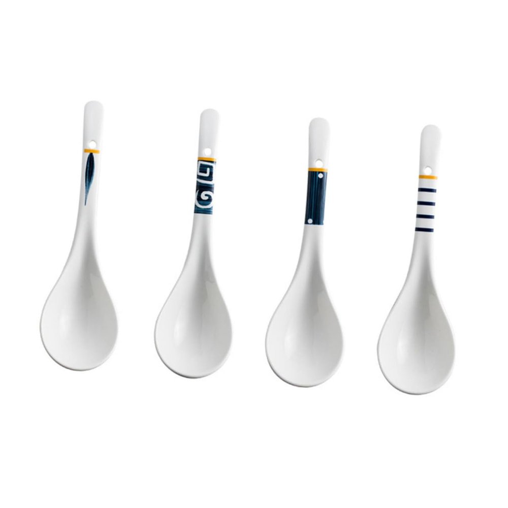 BEBEMOKO 4Pcs Ceramic Long Handle Soup Spoons Set Decorative Food and Porridge Spoon for Kitchen Tableware Dishwasher Safe for Restaurants and Home Cooking