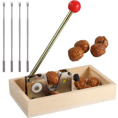 byepica Heavy Duty Nut Cracker with Wooden Stand, Adjustable Lever, Red Ball Handle, Includes 4 Picks