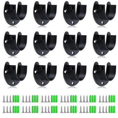 12 Pcs Heavy Duty Stainless Steel U-Shaped Closet Rod Brackets, 1-1/4 Inch Flange Rods Holder, Black Curtain Rod End Supports with Screws for Closet, Curtain, and Shower Rods.