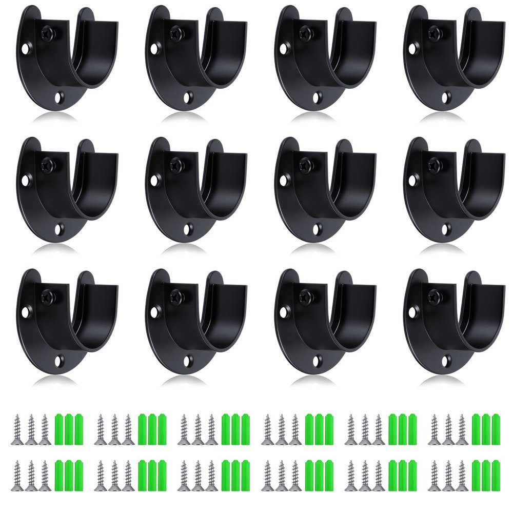 12 Pcs Heavy Duty Stainless Steel U-Shaped Closet Rod Brackets, 1-1/4 Inch Flange Rods Holder, Black Curtain Rod End Supports with Screws for Closet, Curtain, and Shower Rods.