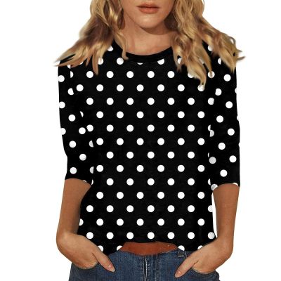 3/4 Length Sleeve Womens Tops Crew Neck Cotton Casual Polka Dot Loose Fit Three Quarter Plus Size Cozy Tunics to Wear with Leggings Summer Blouses 2025 Oversized Shirts for Women