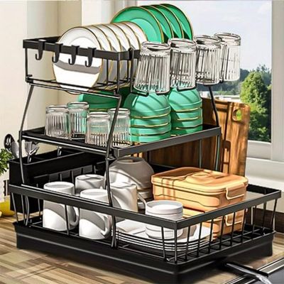 3 Tier Dish Racks for Kitchen Counter - Automatic Drainage Large Dish Drying Rack - Rust Proof Dish Drainers for Kitchen Counter - Escurridor de Platos-Black