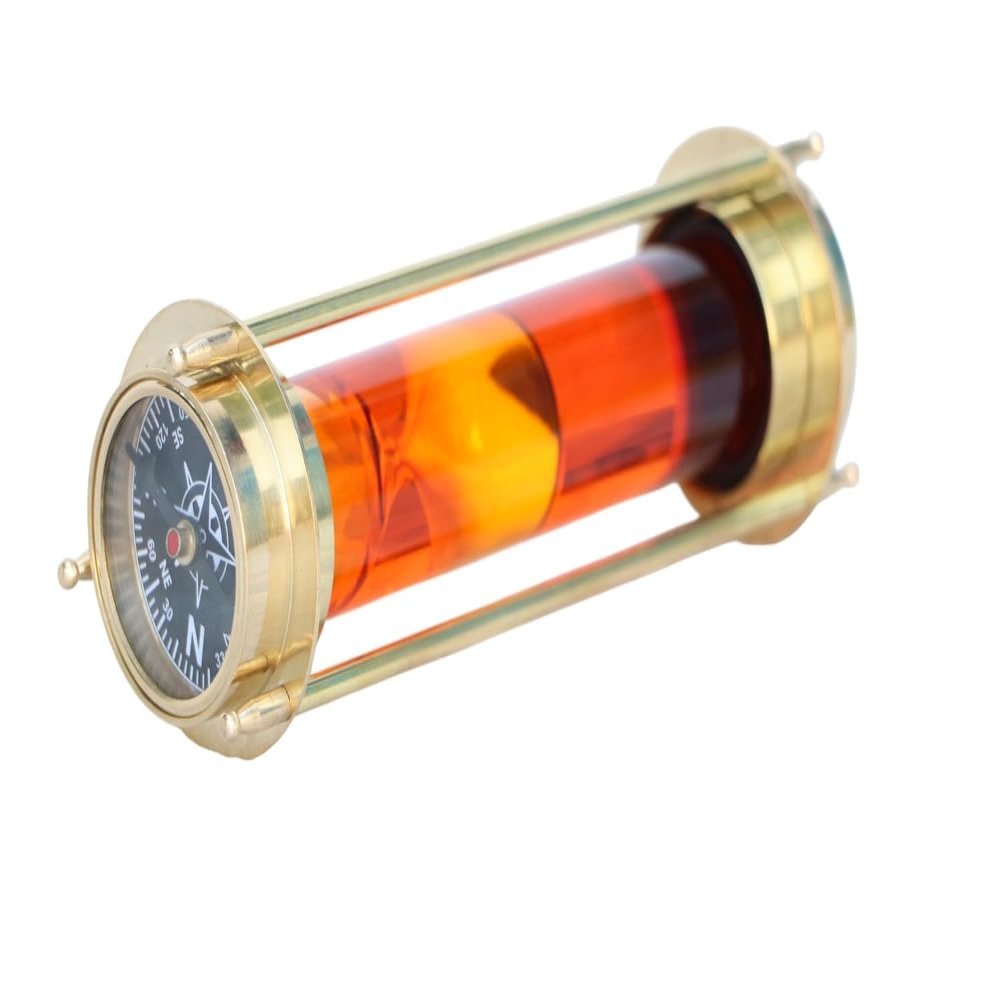 nauticalshoppee Nautical Brass Sand Timer Hourglass with Compass 2 Minute 3" Orange Liquid Timer for Home, Office Desk, and Kitchen Decor Ideal Gift Item