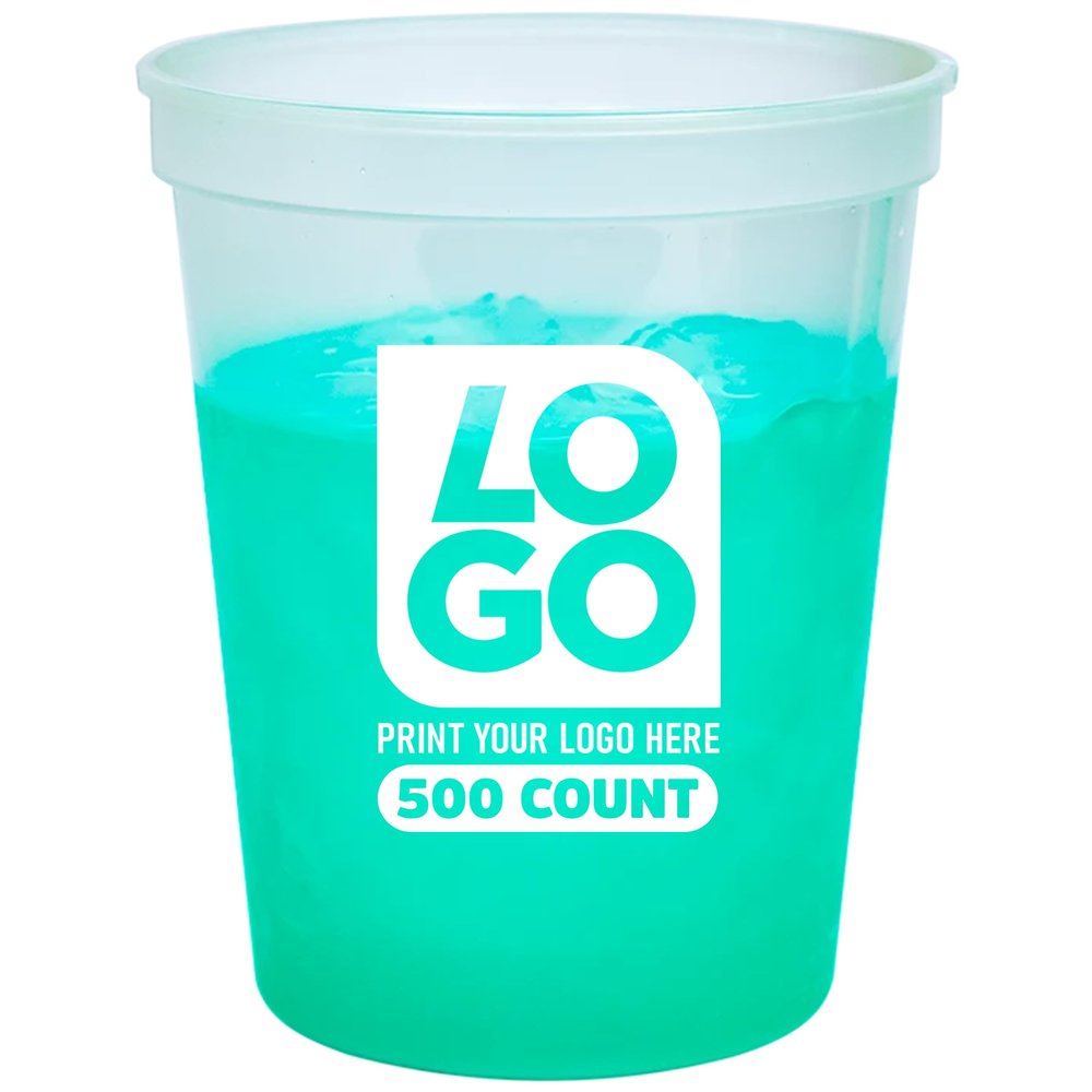 16oz Color Changing Stadium Cups with Custom One-Color Imprint for Parties & Events (Natural To Green, 500 Cups)