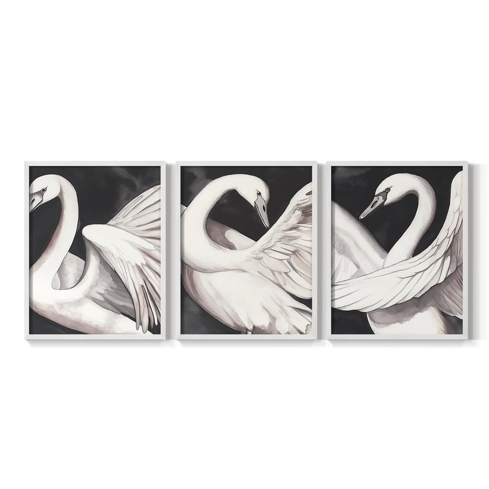 Renditions Gallery Set of 3 Peel & Stick Framed Prints, Aviary Wall Art, Beautiful White Swans Wall Decor, Re-Stickable - Ready to Hang - 8"x10" - White Frame LT605