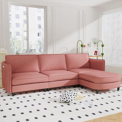 107.8" Oversized Comfort Sofa Bed with Movable Ottoman, 3-seater Breathable Chaise, Chic Spacious Couch with Clean Lines Armrests & Side Pockets & Sturdy Wood Frame for Living Room Study Office, Red
