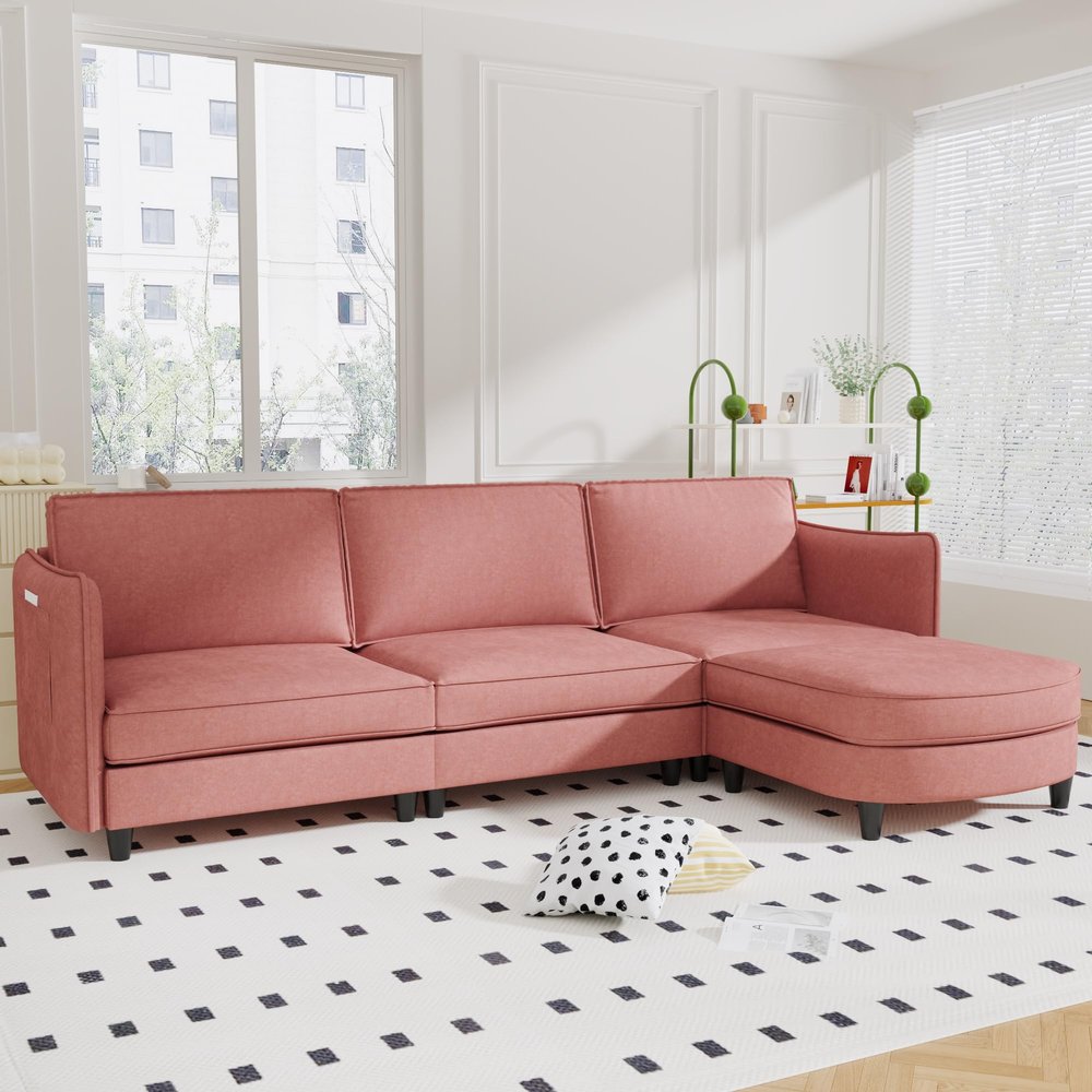 107.8" Oversized Comfort Sofa Bed with Movable Ottoman, 3-seater Breathable Chaise, Chic Spacious Couch with Clean Lines Armrests & Side Pockets & Sturdy Wood Frame for Living Room Study Office, Red