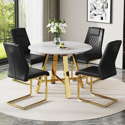 AISYKOD Round Dining Table Set for 4, Modern Kitchen Dining Table Chairs Set for 4, 42" Faux Marble Dining Room Table Set & 4 PU Leather Chairs for Kitchen Living Office Cafe Small Space