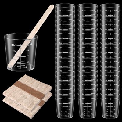 200 Packs 60ml/2oz Plastic Mixing Cups Disposable Graduated Cups Measuring Cups with 200 Pcs Wooden Stirring Sticks, Clear Epoxy Mixing Cup for Resin, Laboratory, Mixing Paint, Stain, Epoxy