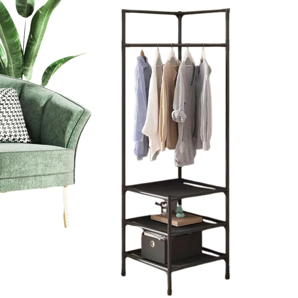 Entryway Garment Rack - Corner Floor Clothes Stand, Rustic Metal Frame Organizer | 17.72x17.72x70.87 Inches Multifunctional Shelf for Coats Shoes Storage, Compact Farmhouse Accent Ideal Hallway Living