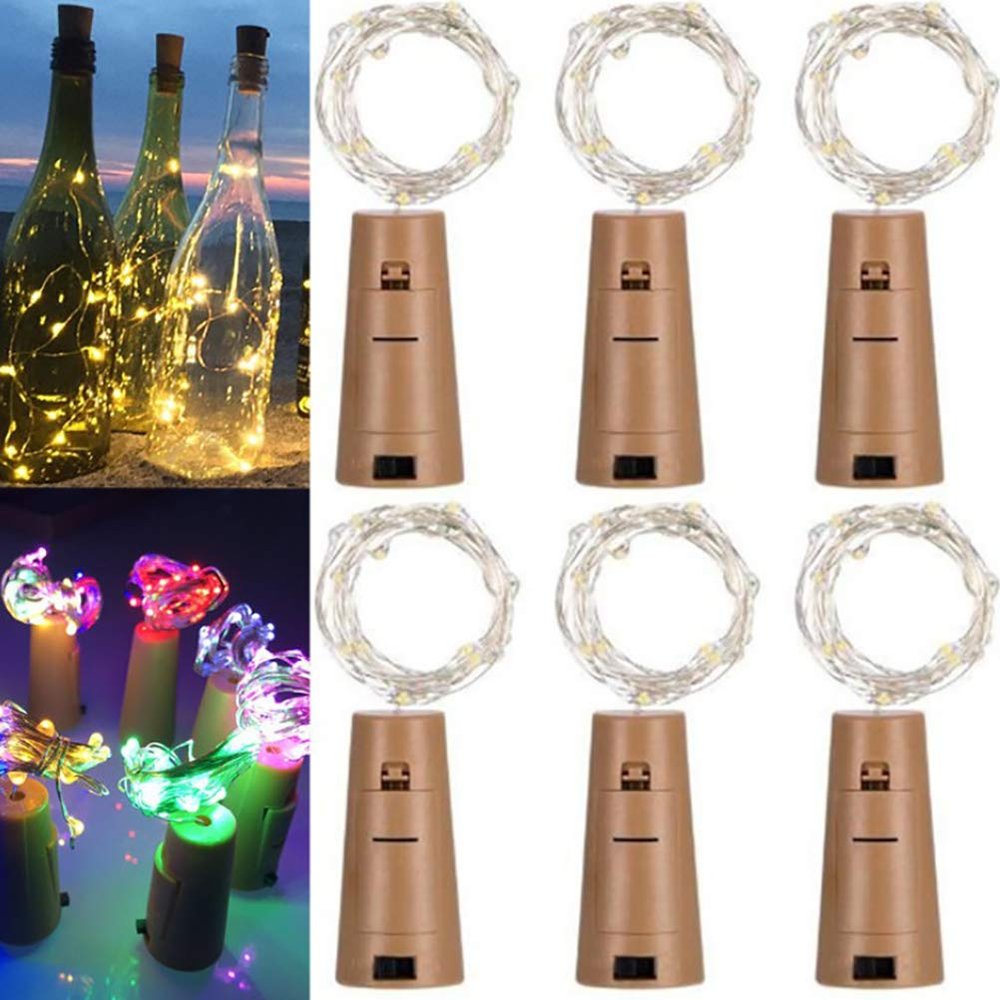 Fuchooky 6 Pack LED Wine Bottle Stopper Lights, 20 LED Submersible Light String 2M/6.6ft for Outdoor Garden Pool Party Wedding Christmas Decor (Cork Not Submersible)