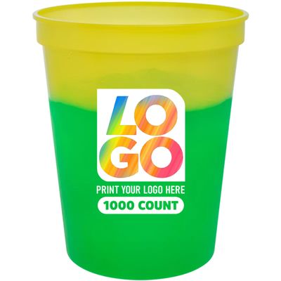 16oz Color Changing Stadium Cups with Custom Multi-Color Imprint for Parties & Events (Yellow To Green, 1000 Cups)