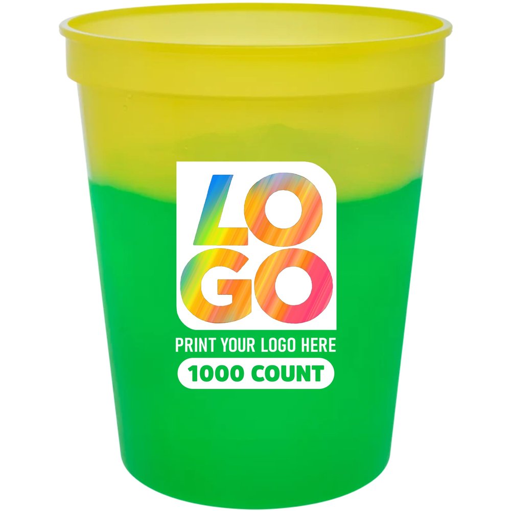16oz Color Changing Stadium Cups with Custom Multi-Color Imprint for Parties & Events (Yellow To Green, 1000 Cups)