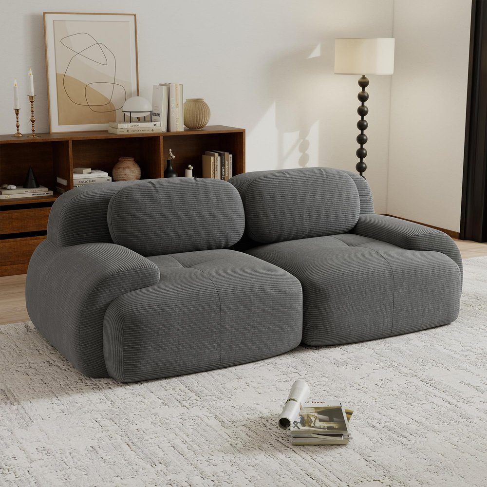 SoarTalent Deep Seat Floor Sectional Loveseat Sofa, 81" 2-Seater with Lumbar Support - No Assembly, Corduroy Fabric, Grey for Living Room Home Theater