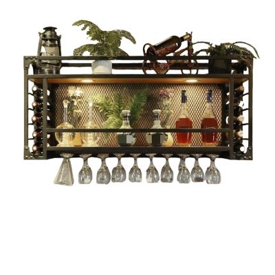 2 Layer Wall Mounted Wine Racks Large Capacity Wine Holder Modern Wall Decorative Rack Wine Bottle Holder with Glass Holder and Shelf for Pub Cafe Kitchen Solid Construction(60cm)
