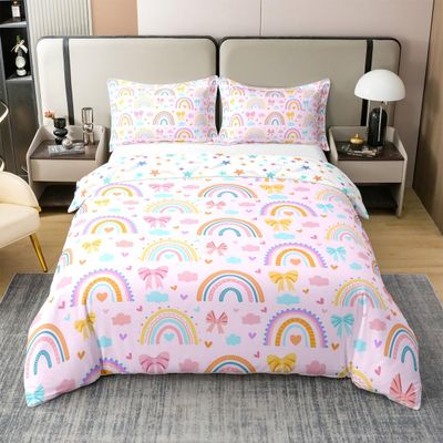 Colorful Bowknot Duvet Cover Twin,Cute Princess Watercolor Rainbow Duvet Set with 1 Pillowcase,Multicolor Bow Girls Teens Bedding Set,Youth Woman Butterfly Knot Comforter Cover,Not Comforter