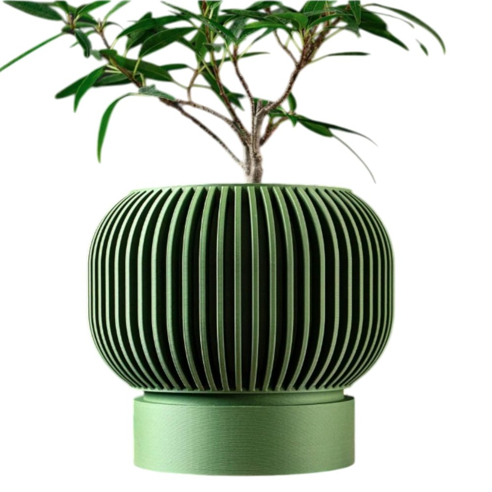 Ribbed Green Ceramic-Look Planter Pot | Sculptural Indoor Container for Succulents & Houseplants | Modern Desk Decor & Shelf Display - 3D Printed in Canada