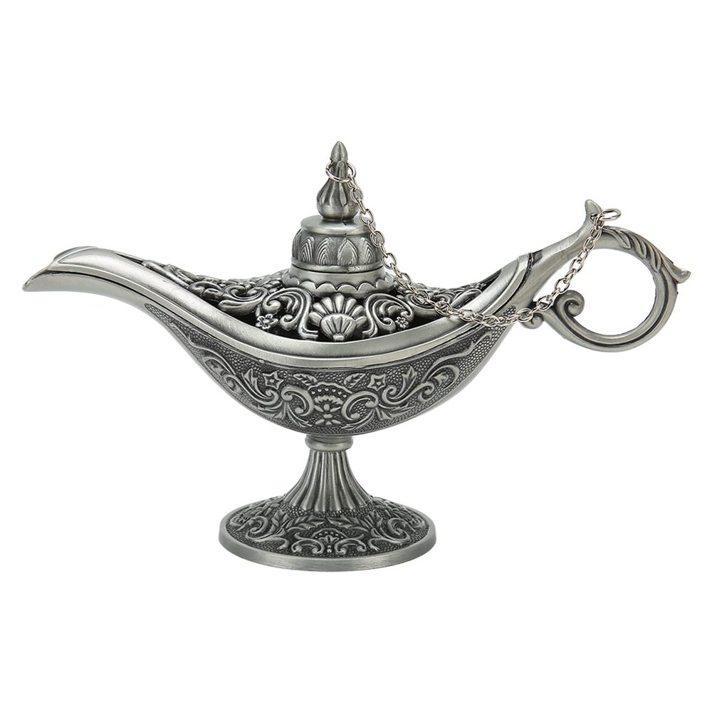 Dam Skerisi Antique Pewter Arabian Lamp Tabletop Retro Zinc Alloy Legend Wishing Light for Costume Party Decoration with Exquisite Relief and Wonderful Idea
