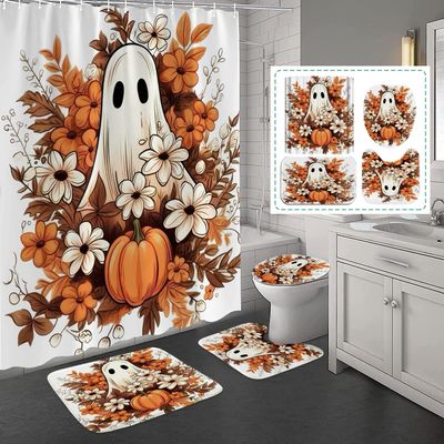 4Pcs Fall Halloween Shower Curtain Set Ghost Pumpkin Autumn Floral Shower Curtain for Halloween Bathroom Decor with Anti-Slip Waterproof Bathtub Bathroom Rugs Toilet Lid Cover (Ghost Pumpkin)