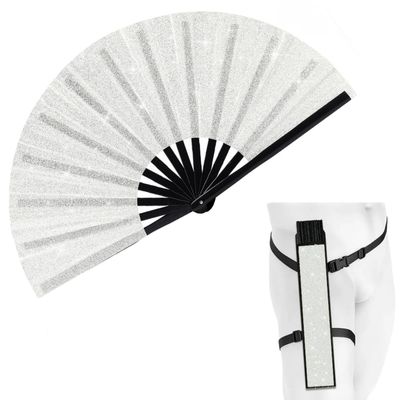 ffscafscn Folding Fan Clack Hand 13inch Bamboo Holster for women Dancing Party Wedding Night Club Concert Festival Large (Silver)