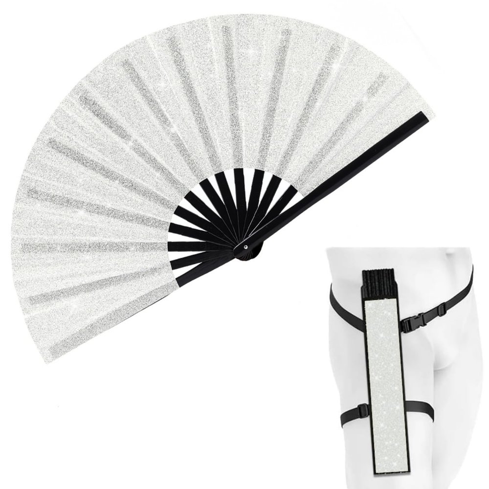 ffscafscn Folding Fan Clack Hand 13inch Bamboo Holster for women Dancing Party Wedding Night Club Concert Festival Large (Silver)