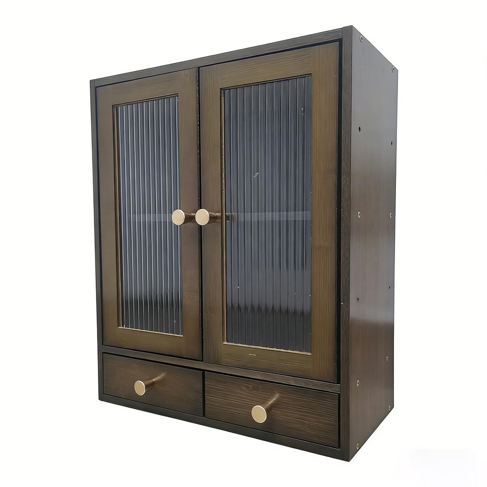 RZGZKLSH Bamboo Countertop Storage Cabinet, Fluted Acrylic Doors, 2 Drawers